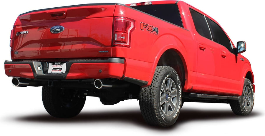 Cat-Back Exhaust Systems by Borla: A red Ford F-150 FX4 SuperCrew seen from the rear quarter with polished exhaust tips and a Borla plate on the bumper.
