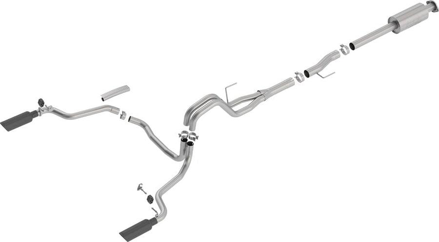 Cat-Back Exhaust Systems by Borla: A stainless dual split rear exit cat-back exhaust with one muffler and two black chrome tips laid out on a white background.