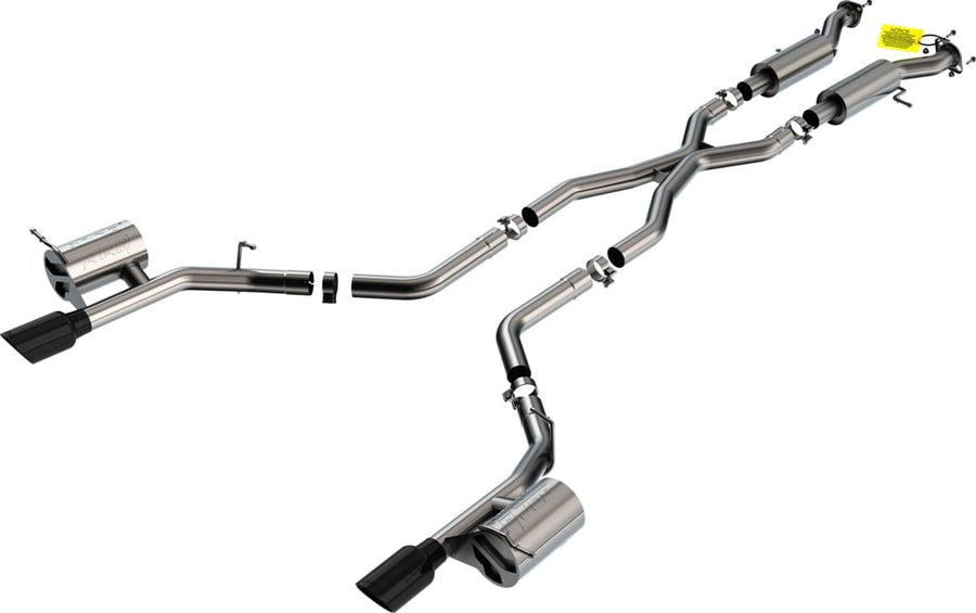Cat-Back Exhaust Systems by Borla: A stainless X-pipe cat-back exhaust with four mufflers and two black chrome tips laid out on a white background.