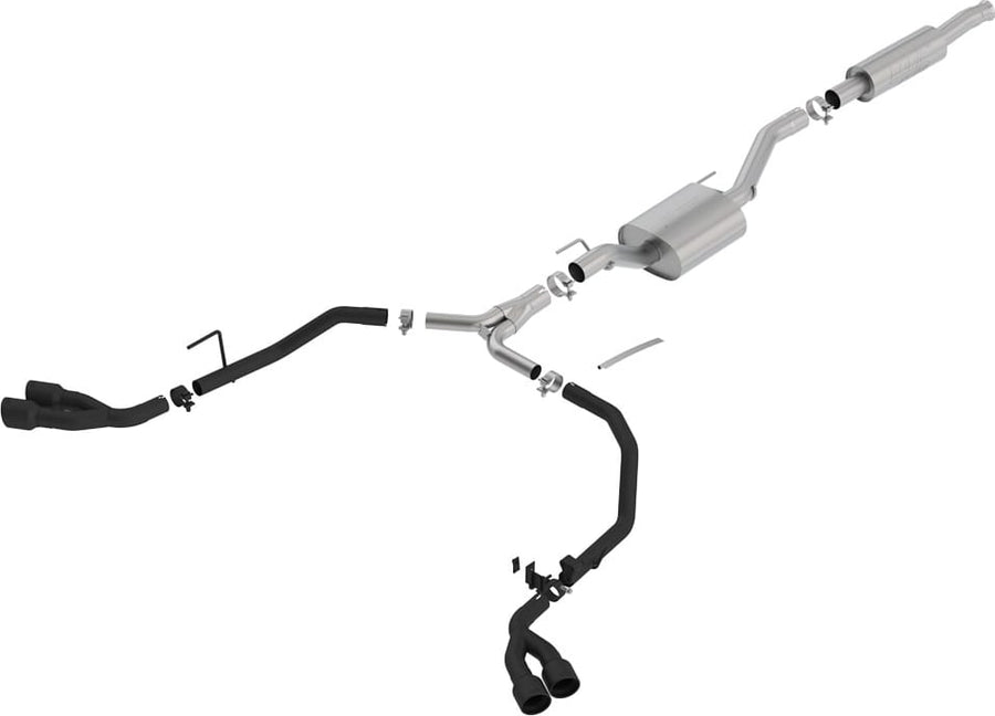 Cat-Back Exhaust Systems by Borla: Borla dual-side exit cat-back exhaust system with black pipes and two pairs of black tips on white.
