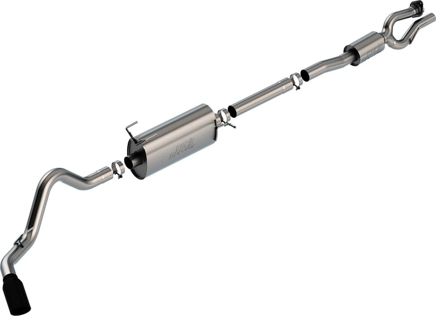 Cat-Back Exhaust Systems by Borla: Borla single-exit cat-back exhaust system with one muffler and a black tip laid out on white.