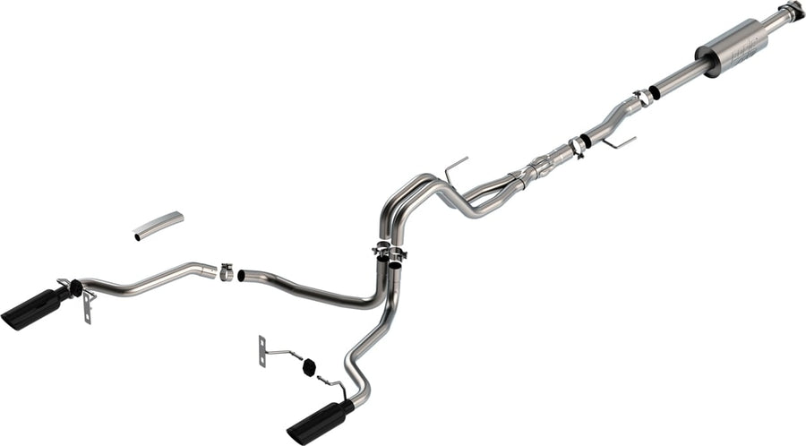 Cat-Back Exhaust Systems by Borla: Borla dual-exit cat-back exhaust system with two black tips laid out on white.