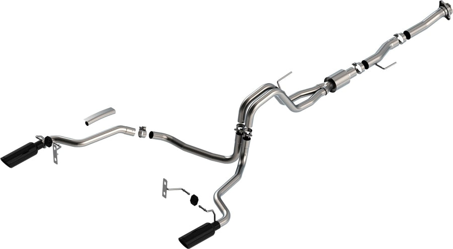 Cat-Back Exhaust Systems by Borla: Borla dual-exit cat-back exhaust system with two black tips laid out on white.