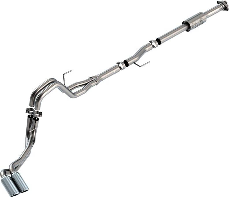 Cat-Back Exhaust Systems by Borla: Borla cat-back exhaust system with a muffler and dual polished tips on one side laid out on white.