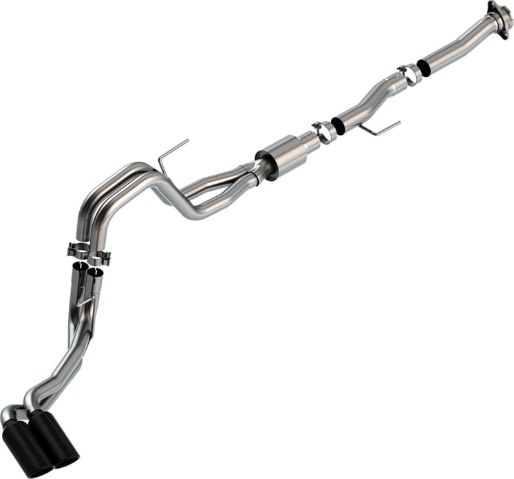 Cat-Back Exhaust Systems by Borla: Borla cat-back exhaust system with dual black tips on one side laid out on white.