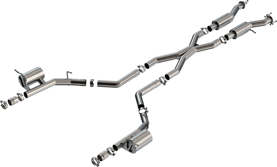 Cat-Back Exhaust Systems by Borla: Stainless cat-back exhaust with an X-pipe and two rear mufflers, ending in polished tips on each side, on white.