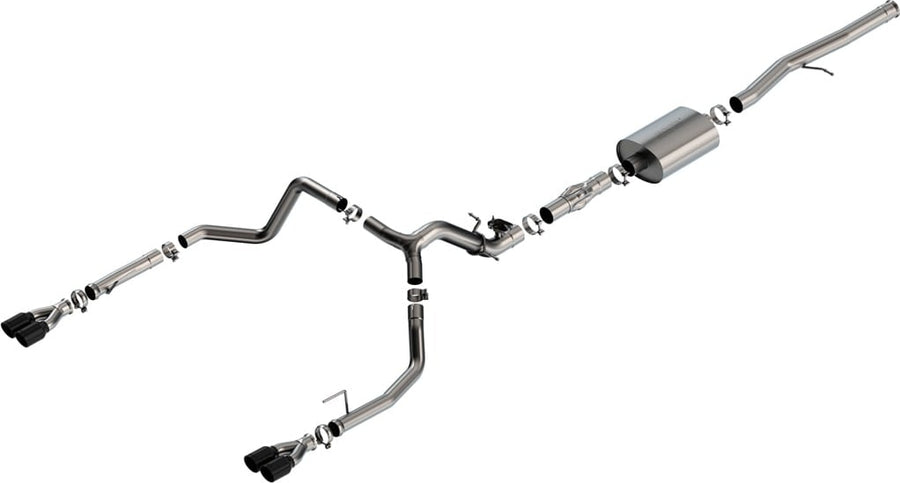 Cat-Back Exhaust Systems by Borla: Stainless cat-back exhaust with a muffler and split dual exits ending in black chrome tips, laid out on white.