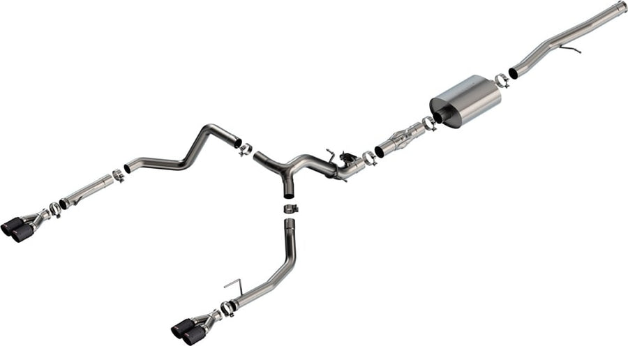 Cat-Back Exhaust Systems by Borla: Stainless cat-back exhaust with a muffler and split dual exits ending in dark finish tips, laid out on white.