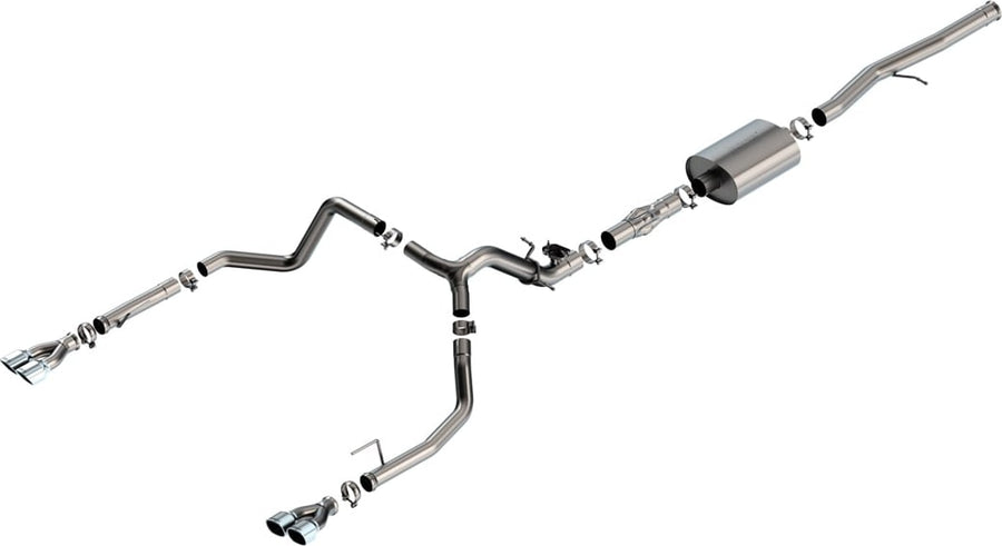 Cat-Back Exhaust Systems by Borla: Stainless cat-back exhaust with a muffler and split dual exits ending in polished tips, laid out on white.