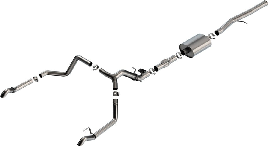 Cat-Back Exhaust Systems by Borla: Stainless cat-back exhaust with a muffler and split dual exits ending in polished tips, laid out on white.