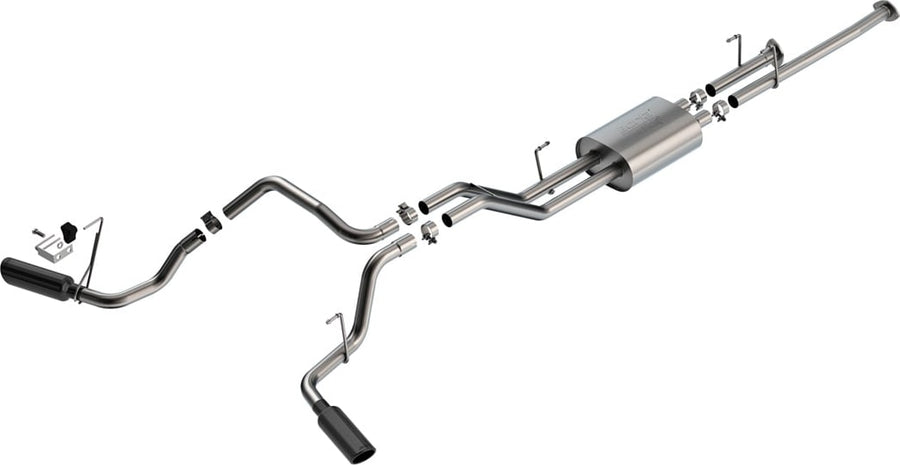 Cat-Back Exhaust Systems by Borla: Stainless cat-back exhaust with a muffler and split dual exits ending in black chrome tips, laid out on white.