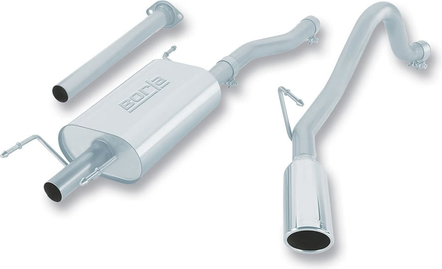 Cat-Back Exhaust Systems by Borla: Stainless single side-exit cat-back system with one Borla muffler, pipes and a polished angle-cut tip on white.