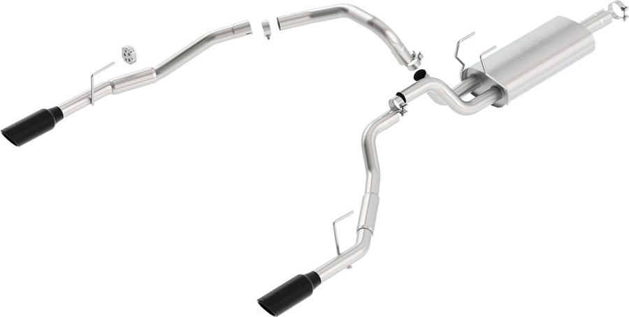 Cat-Back Exhaust Systems by Borla: Cat-back exhaust system laid out on a white background with one muffler and dual rear-exit black chrome tips.
