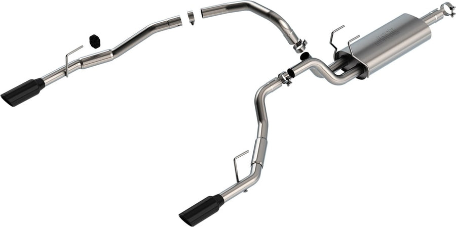 Cat-Back Exhaust Systems by Borla: Cat-back exhaust system laid out on a white background with one muffler and dual rear-exit black chrome tips.