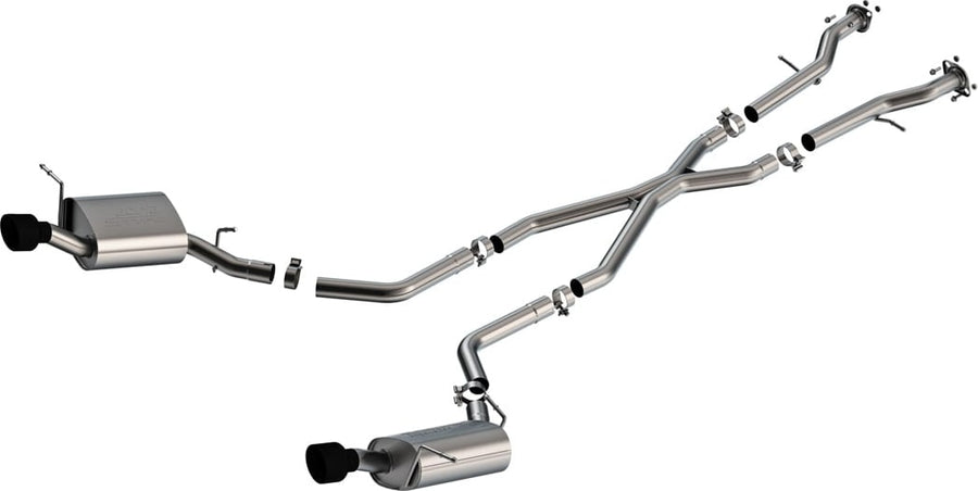Cat-Back Exhaust Systems by Borla: Stainless cat-back system with an X-pipe, two rear mufflers and two black tips on white.
