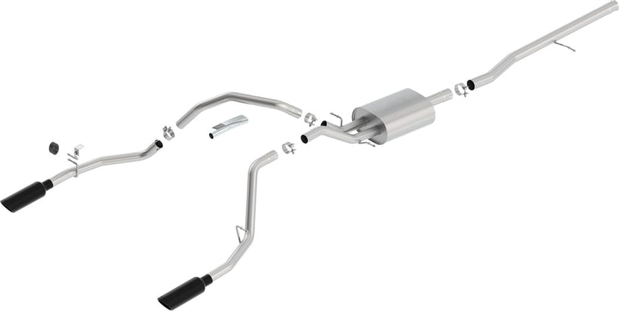 Cat-Back Exhaust Systems by Borla: Cat-back exhaust system laid out on a white background with one muffler and dual rear-exit black chrome tips.