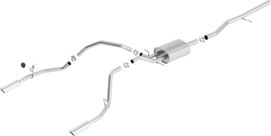 Cat-Back Exhaust Systems by Borla: Cat-back exhaust system laid out on a white background with one muffler and dual rear-exit polished tips.