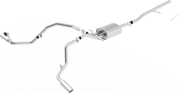 Cat-Back Exhaust Systems by Borla: Cat-back exhaust system laid out on a white background with one muffler and dual rear-exit polished tips.