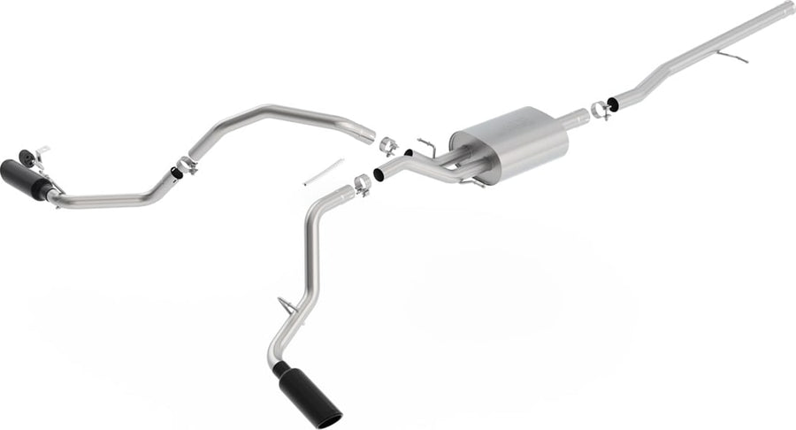 Cat-Back Exhaust Systems by Borla: Cat-back exhaust system laid out on a white background with one muffler and dual rear-exit black chrome tips.