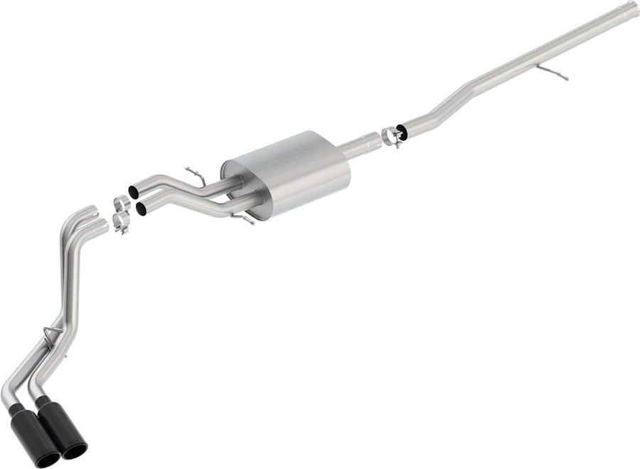 Cat-Back Exhaust Systems by Borla: Stainless cat-back system with one muffler and two side-by-side black chrome tips on white.
