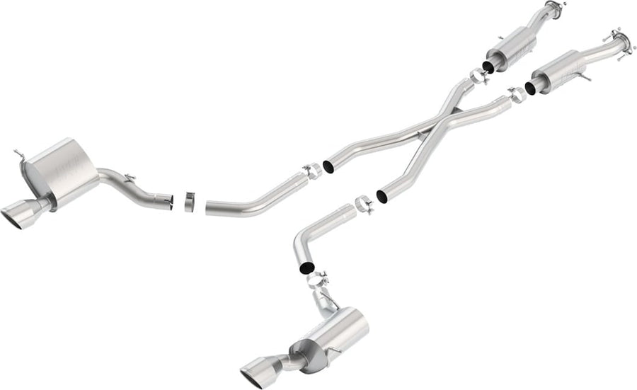 Cat-Back Exhaust Systems by Borla: Exploded stainless dual-exit cat-back system with an X-pipe, resonators, two rear mufflers and polished tips, on white.
