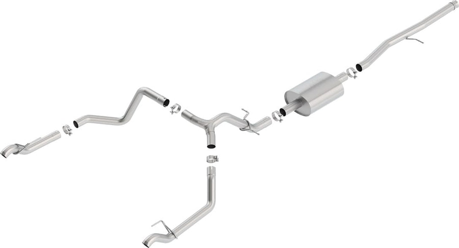 Cat-Back Exhaust Systems by Borla: Studio render of a stainless dual split rear exit cat-back exhaust with a single muffler and polished tips on a white background.