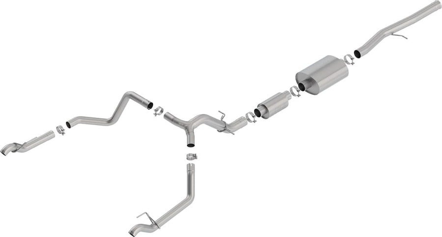 Cat-Back Exhaust Systems by Borla: Studio render of a stainless dual split rear exit cat-back exhaust with a muffler, a small resonator and polished tips on a white background.