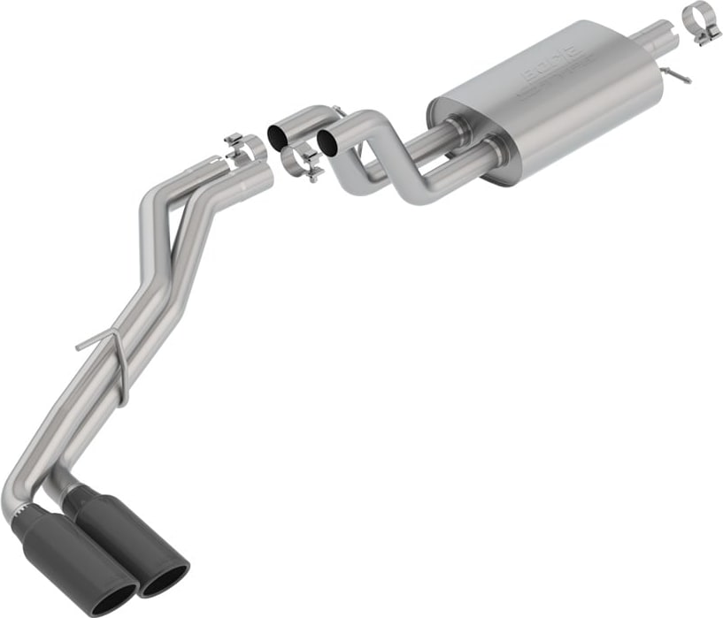 Cat-Back Exhaust Systems by Borla: Studio render of a stainless cat-back exhaust with one muffler and twin black tips exiting on one side on a white background.
