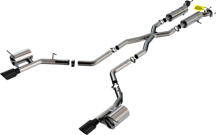 Cat-Back Exhaust Systems by Borla: Studio render of a stainless dual rear exit cat-back exhaust with an X-pipe, four mufflers and black tips on a white background.