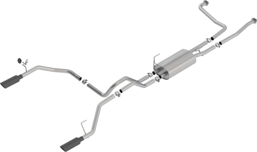 Cat-Back Exhaust Systems by Borla: Studio render of a stainless dual split rear exit cat-back exhaust with one muffler and black angle-cut tips on a white background.