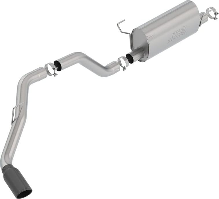 Cat-Back Exhaust Systems by Borla: Single side-exit stainless cat-back with one muffler and a black chrome tip on white.