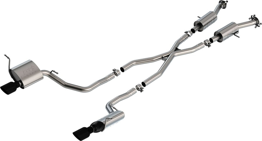 Cat-Back Exhaust Systems by Borla: Dual-exit stainless cat-back with an X-pipe, two front resonators and two rear mufflers with black chrome tips on white.