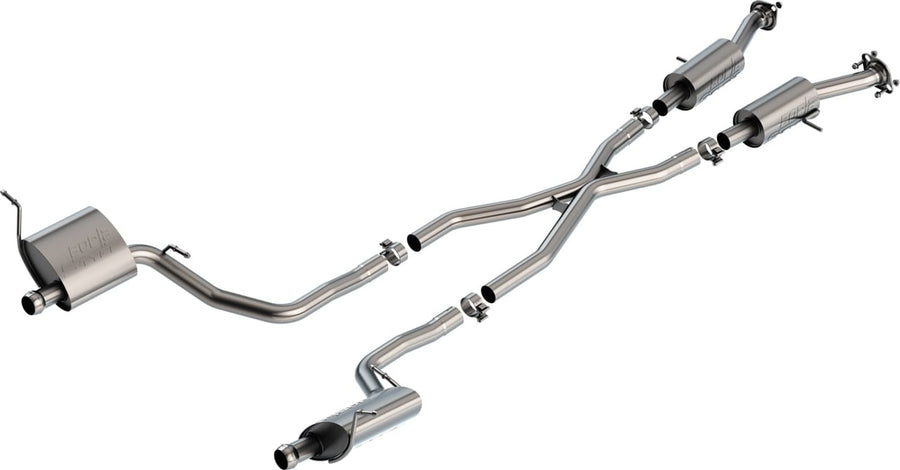Cat-Back Exhaust Systems by Borla: Dual-exit stainless cat-back with an X-pipe, two front resonators and two rear mufflers with small polished tips on white.