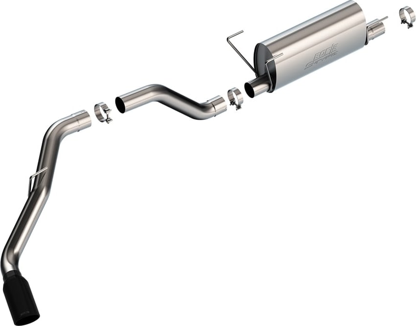Cat-Back Exhaust Systems by Borla: Single side-exit stainless cat-back with one muffler, bent tailpipe and a black chrome tip on white.