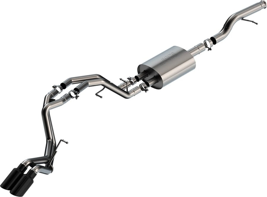 Cat-Back Exhaust Systems by Borla: Studio render of a stainless cat-back exhaust with one muffler and twin black chrome tips exiting on one side.