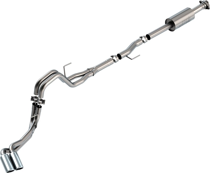 Cat-Back Exhaust Systems by Borla: Studio render of a stainless cat-back exhaust with a resonator and twin polished tips exiting on one side.