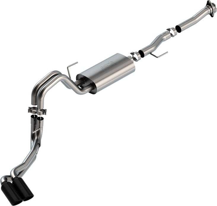 Cat-Back Exhaust Systems by Borla: Studio render of a stainless cat-back exhaust with one muffler and twin black chrome tips exiting on one side.
