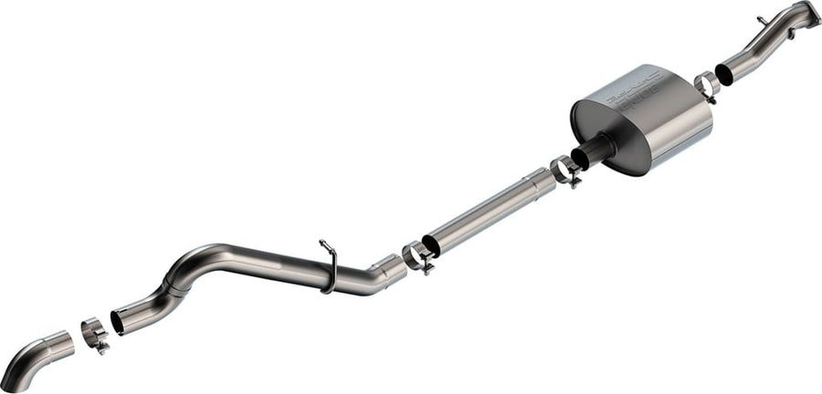 Cat-Back Exhaust Systems by Borla: A stainless cat-back exhaust with one muffler and a single turndown outlet on a white background.