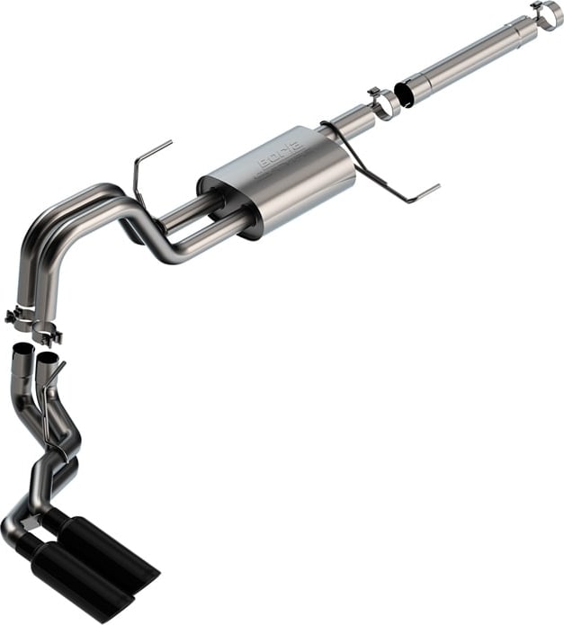 Cat-Back Exhaust Systems by Borla: A stainless cat-back exhaust with one muffler ending in a pair of black tips on one side, on a white background.