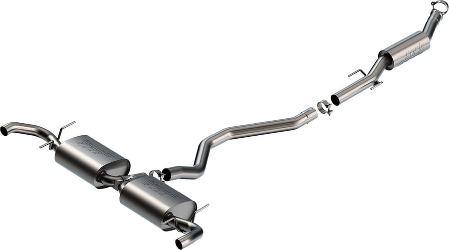 Cat-Back Exhaust Systems by Borla: A stainless cat-back exhaust with two rear mufflers and a long mid pipe on a white background.