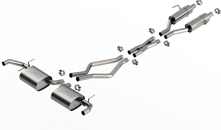 Cat-Back Exhaust Systems by Borla: Exploded stainless cat-back system with two rear mufflers, two front resonators and split rear exits, on white.