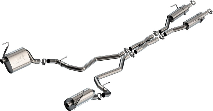 Cat-Back Exhaust Systems by Borla: Exploded stainless cat-back system with twin front resonators and two rear mufflers on split exits, on white.