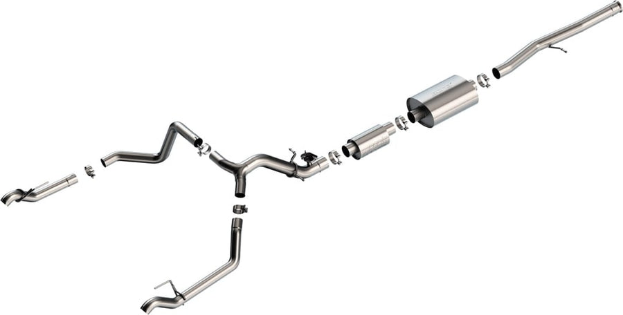 Cat-Back Exhaust Systems by Borla: Exploded stainless cat-back system with one muffler and split rear exits with polished tips, on white.