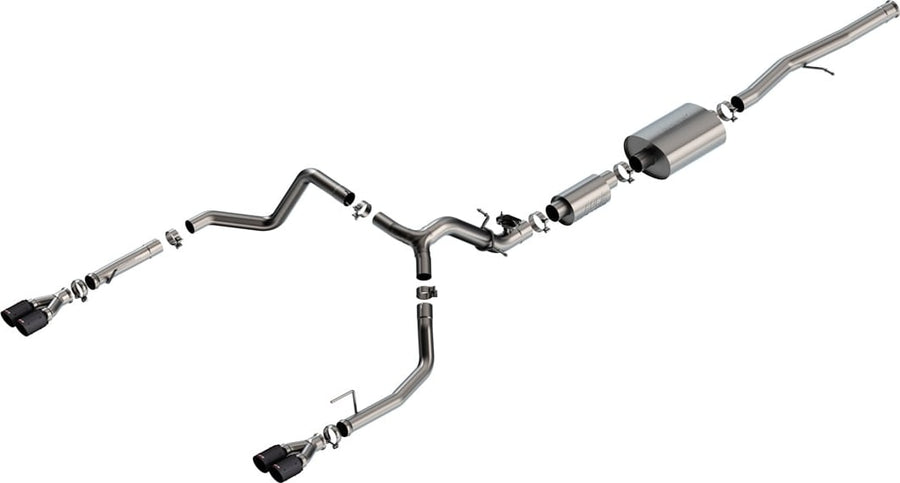 Cat-Back Exhaust Systems by Borla: Exploded stainless cat-back system with split rear exits ending in dual carbon fiber tips on each side, on white.