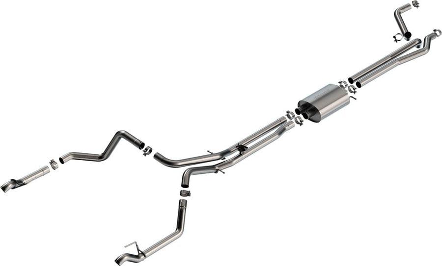 Cat-Back Exhaust Systems by Borla: Exploded stainless cat-back system with dual inlet pipes, one muffler and split rear exits with polished tips, on white.