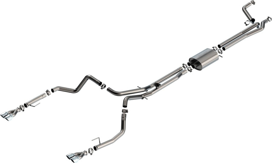 Cat-Back Exhaust Systems by Borla: Exploded stainless cat-back system with dual inlets and split rear exits ending in dual polished tips, on white.