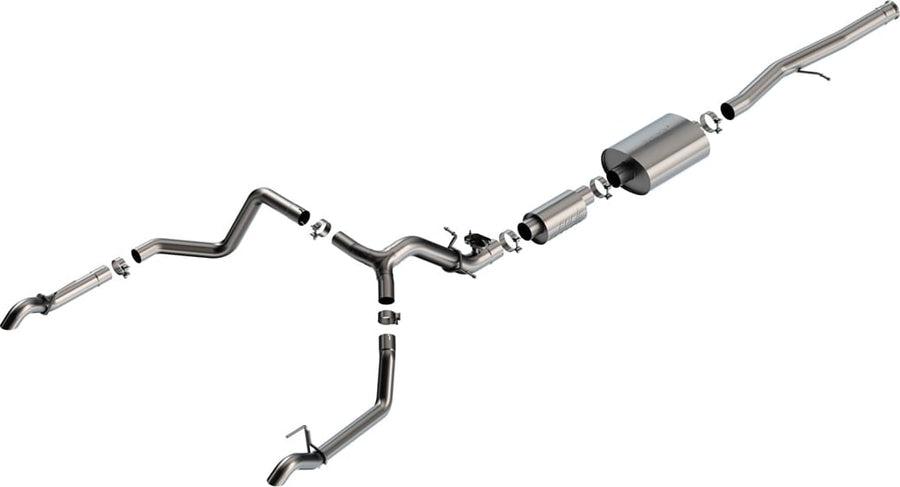 Cat-Back Exhaust Systems by Borla: Exploded stainless cat-back system with one muffler and split rear exits ending in plain stainless outlets, on white.
