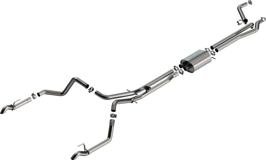 Cat-Back Exhaust Systems by Borla: Exploded stainless cat-back system with dual inlets, one muffler and split rear plain stainless outlets, on white.