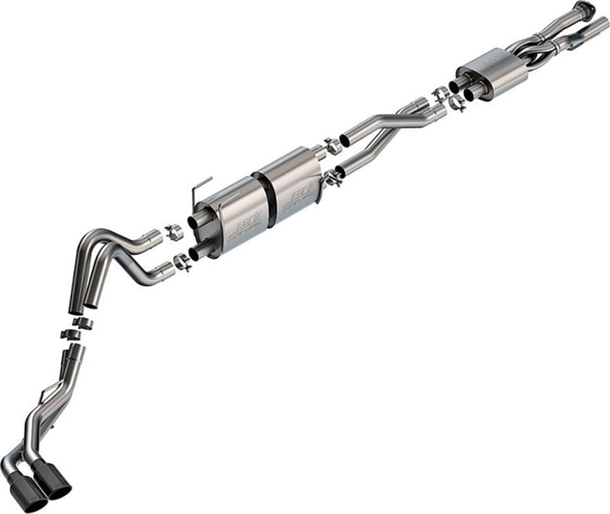 Cat-Back Exhaust Systems by Borla: Exploded studio view of a stainless cat-back with a crossover front pipe, two mufflers, long pipes and dual black chrome tips on white.