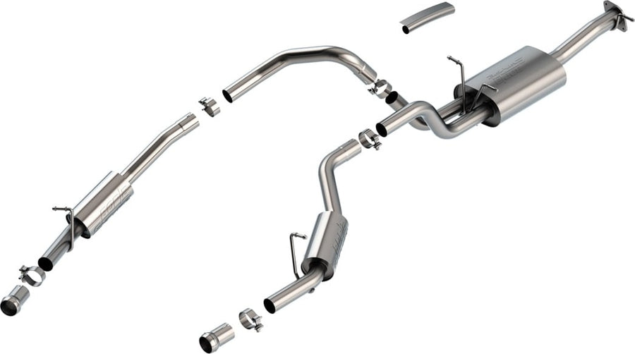 Cat-Back Exhaust Systems by Borla: Exploded studio view of a dual-exit stainless cat-back with a main muffler, two rear mufflers, split pipes, clamps and two polished tips on white.